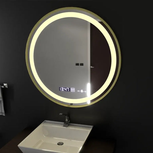 Oglinda LED Rotunda, 70cm, Celeste Royale Gold MotionGlow Marcello, Sistem Dezaburire, Ceas & Termometru, Dimabila
