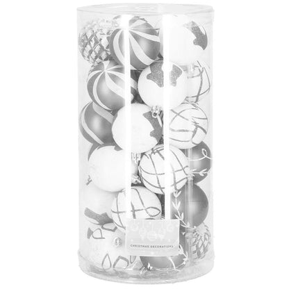 Set globuri de Craciun cu modele de sarbatori, 30 bucati, 6cm, argintiu