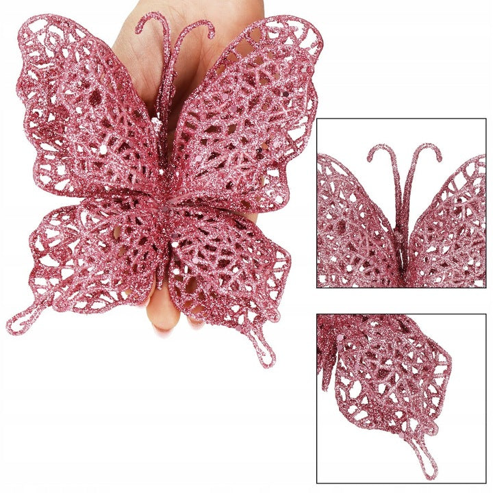 Set 10 ornamente pentru bradul de Craciun, Fluture cu sclipici, 16cm, roz