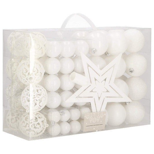 Set globuri si decoratiuni de Craciun, 100 piese, diverse dimensiuni cu stea, alb