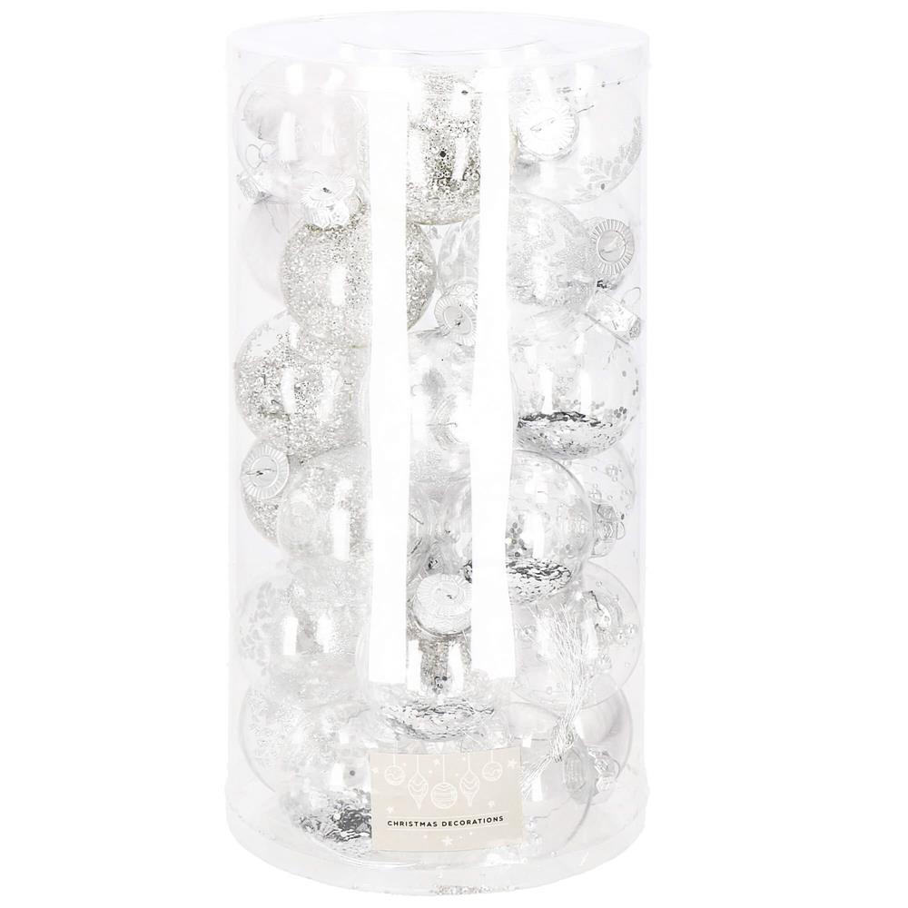 Set globuri de Craciun Inedit, 30 bucati, 7cm, transparente si argintiu