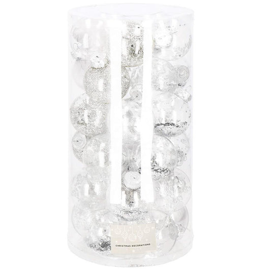 Set globuri de Craciun Inedit, 30 bucati, 7cm, transparente si argintiu