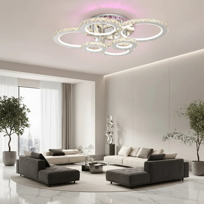 Lustra LED cu telecomanda si cristal NOVA ROTONDA RGB, 152W, 6 Cercuri, lumina Rece/Calda/Neutra, Dimabila, Crom Lucios
