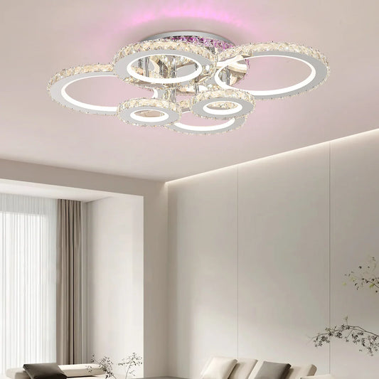 Lustra LED NOVA Rotonda cu Cristale, 6 Surse de Lumina, RGB, cu Telecomanda, 152W, Crom Lucios