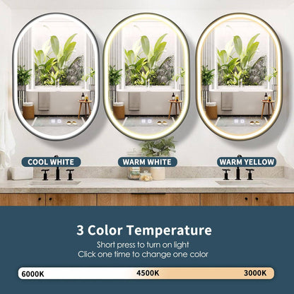 Oglinda LED cu Dulap, Ovala, 50x80cm, Dezaburire, Lumina Rece/Calda/Neutra, Rama Neagra, Spatiu de Depozitare