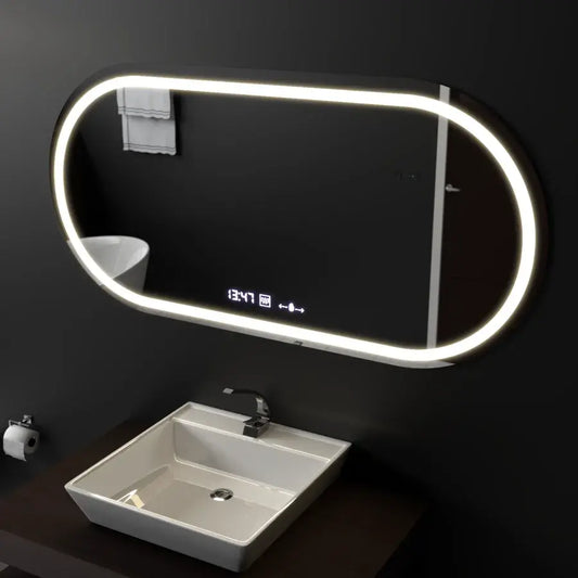 Oglinda LED Senzor MotionGlow Altera cu functie Dezaburire Termometru Ceas Ovala 80x60 cm Lumina Rece/Calda/Neutra Dimabila, colectia Marcello Funghi