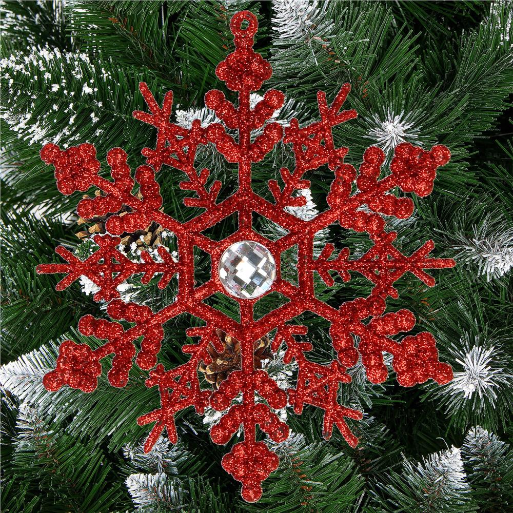 Decoratiune brad fulg de zapada cu cristal, set 2 bucati, 12cm, rosu