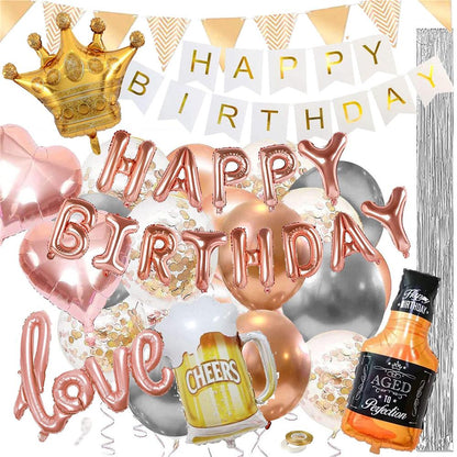 Set 48 baloane si decoratiuni, Happy Birthday, argintiu, roz