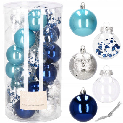Set globuri de Craciun Inedit, 30 bucati, 6cm, transparente si albastru