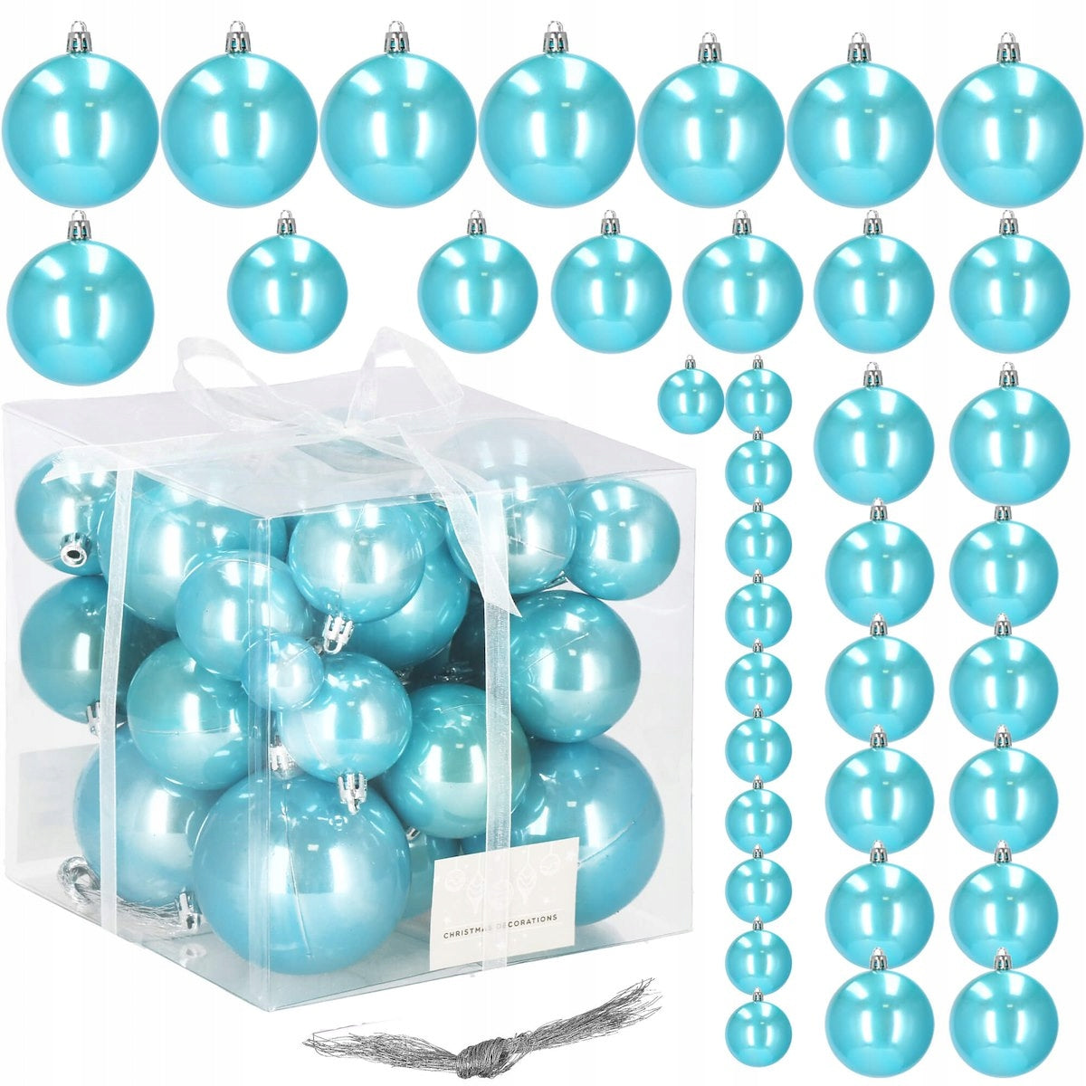 Set globuri de Craciun, 37 bucati, 3-8cm, albastru perla