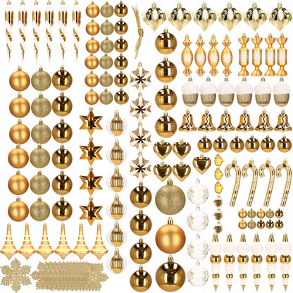 Set globuri si decoratiuni de Craciun, 155 piese, diverse dimensiuni, auriu