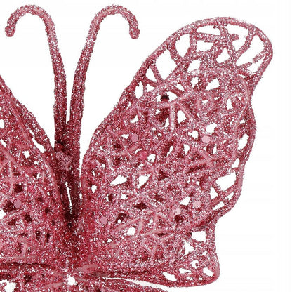 Set 10 ornamente pentru bradul de Craciun, Fluture cu sclipici, 16cm, roz
