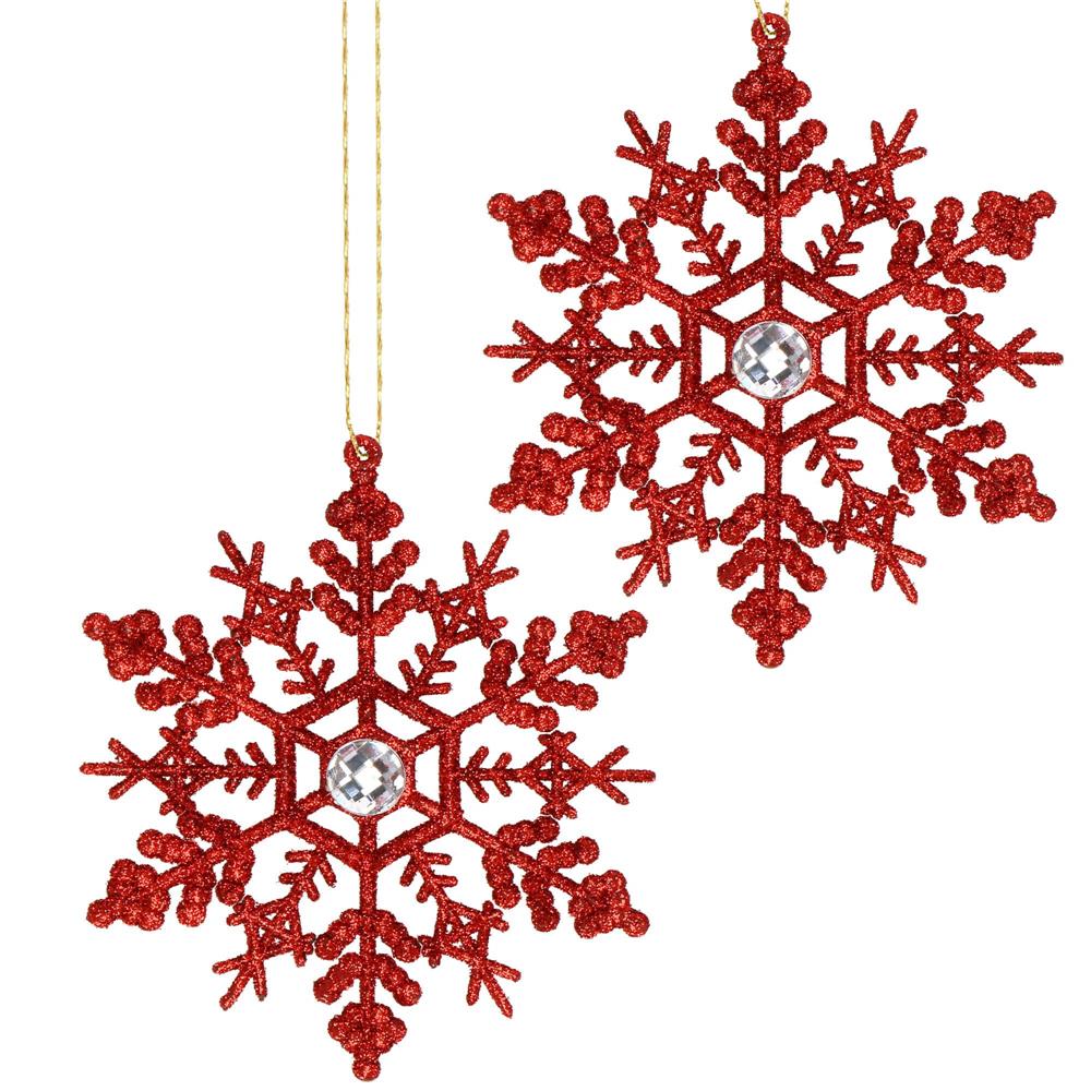 Decoratiune brad fulg de zapada cu cristal, set 2 bucati, 12cm, rosu