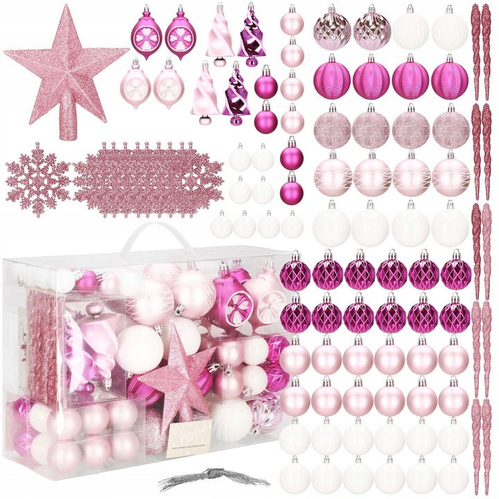 Set globuri si decoratiuni de Craciun, 101 piese, diverse dimensiuni, alb roz
