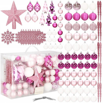 Set globuri si decoratiuni de Craciun, 101 piese, diverse dimensiuni, alb roz
