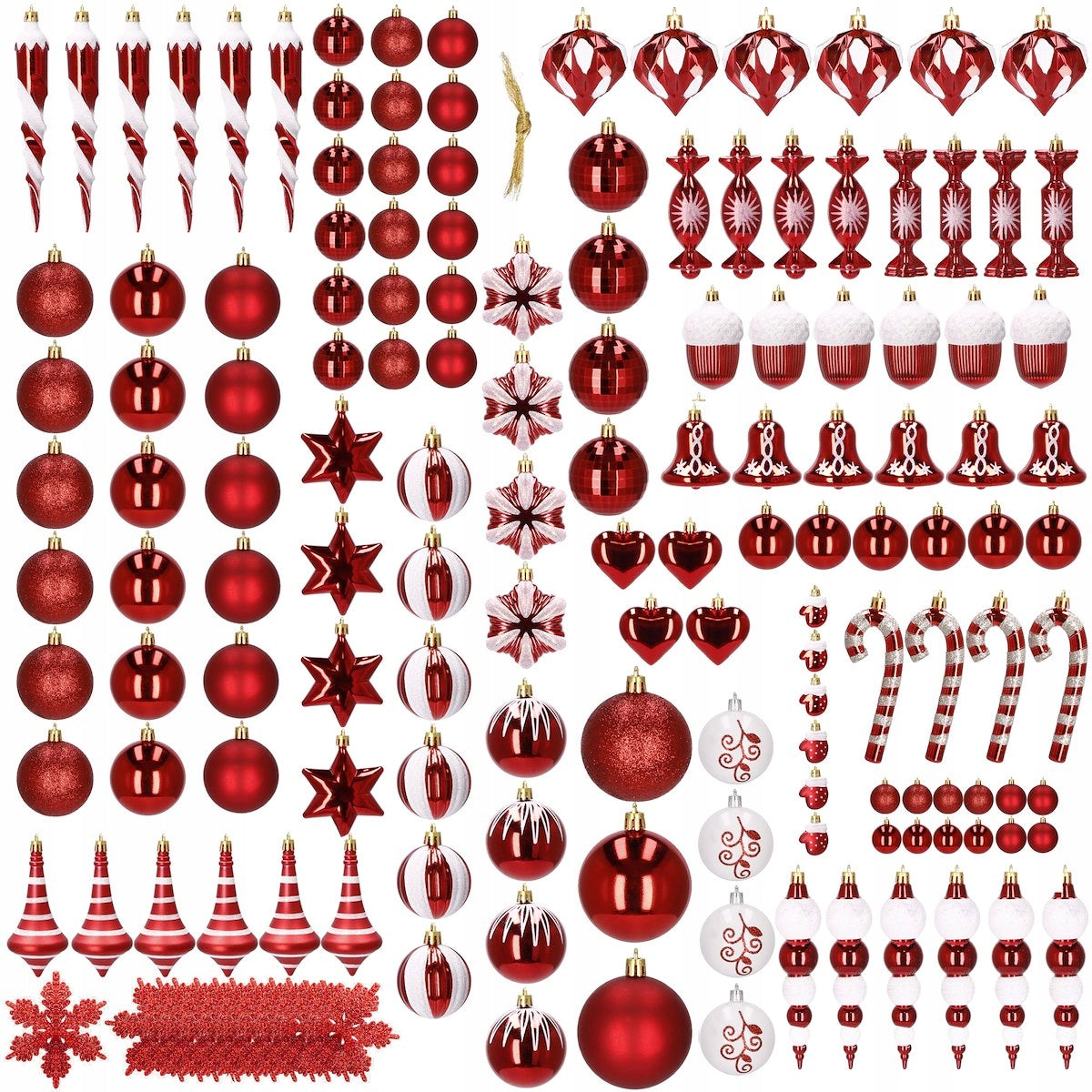 Set globuri si decoratiuni de Craciun, 153 piese, diverse dimensiuni, rosu