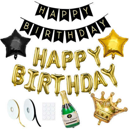 Set 53 baloane si decoratiuni, Happy Birthday, argintiu, negru, auriu
