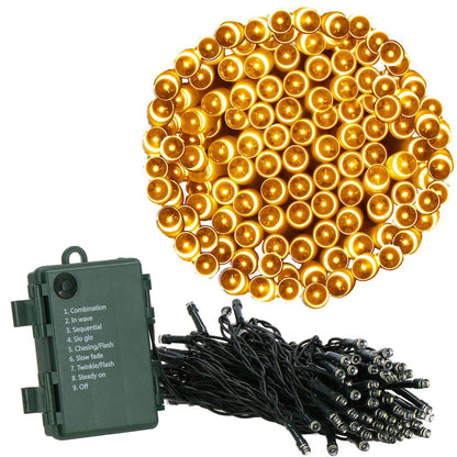 Instalatie lumini de exterior pentru gradina, 10 metri, 100 LED-uri, cu baterii, galben