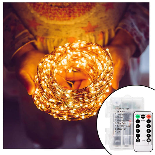 Instalatie lumina decorativa cu 100 LED-uri, 10m, alimentare baterii, telecomanda, iluminare galbena