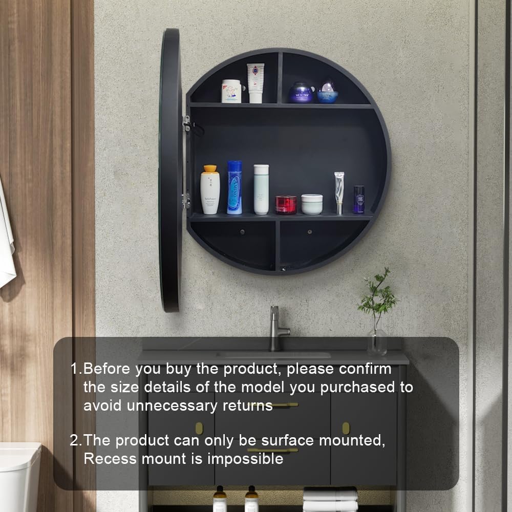 Oglinda LED cu Dulap, Rotunda, 50x50cm, Dezaburire, Rama Neagra, Spatiu de Depozitare