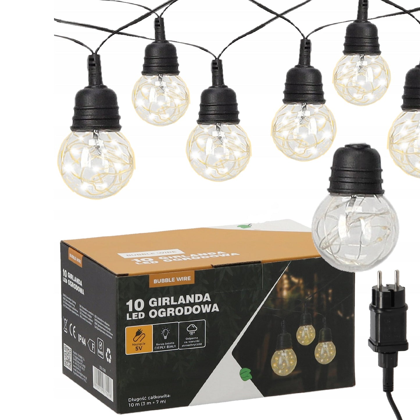 Ghirlanda luminoasa decorativa pentru exterior, alimentare la priza, 10 metri, 10 becuri LED cu iluminare calda 3000K, IP44