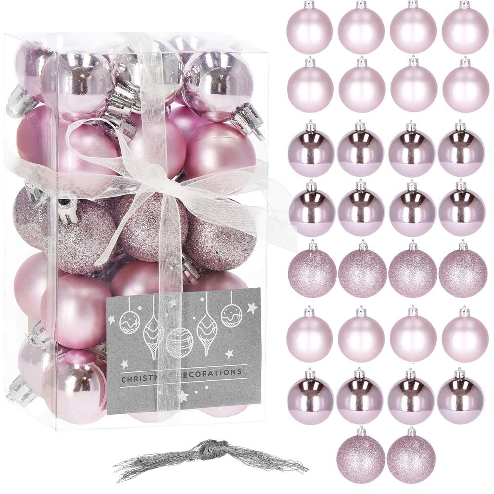 Set globuri de Craciun, 30 bucati, 3 modele, 3cm, roz