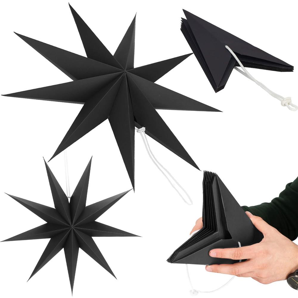 Stea decorativa 3D din hartie, cu 9 colturi, 60cm, neagra
