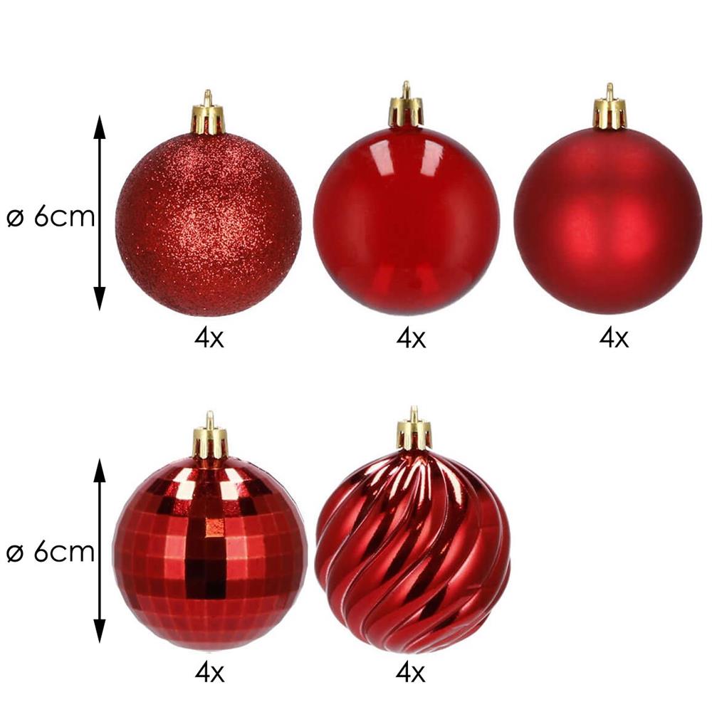 Set globuri de Craciun, 20 bucati, 5 modele, 6cm, rosu