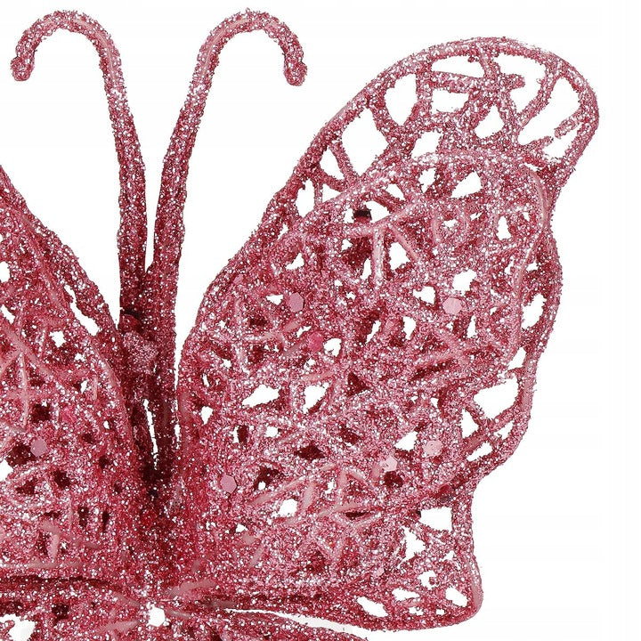 Set 10 ornamente pentru bradul de Craciun, Fluture cu sclipici, 16cm, roz