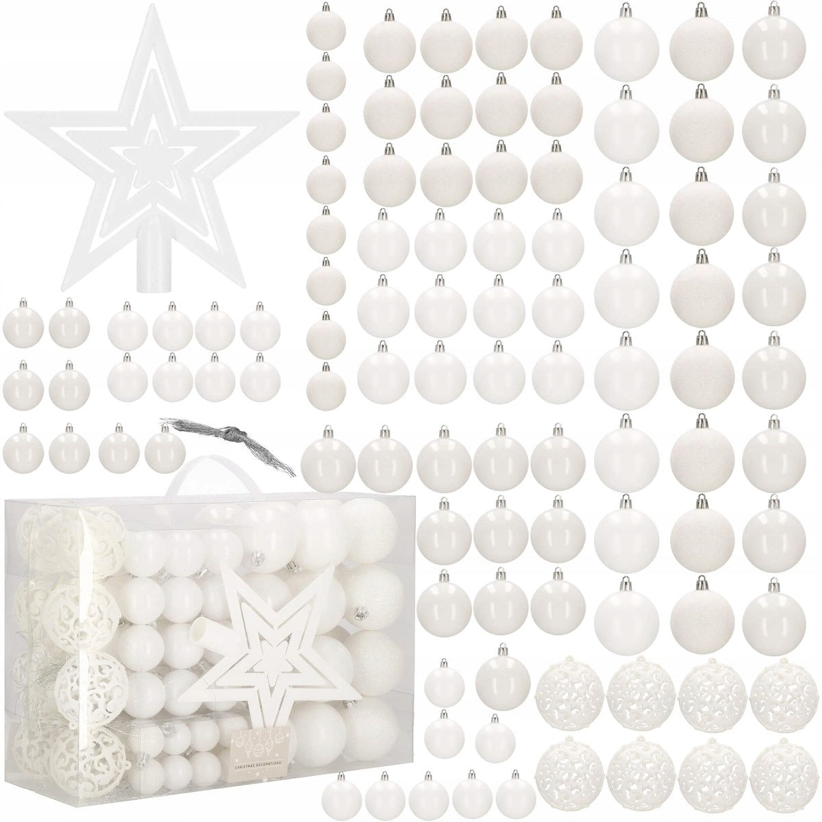 Set globuri si decoratiuni de Craciun, 100 piese, diverse dimensiuni cu stea, alb