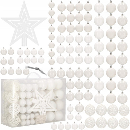 Set globuri si decoratiuni de Craciun, 100 piese, diverse dimensiuni cu stea, alb