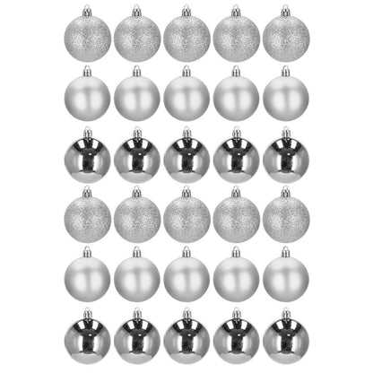 Set globuri de Craciun, 30 bucati, 3 modele, 6cm, argintiu
