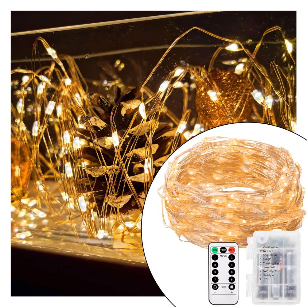 Instalatie lumina decorativa cu 100 LED-uri, 10m, alimentare baterii, telecomanda, iluminare galbena