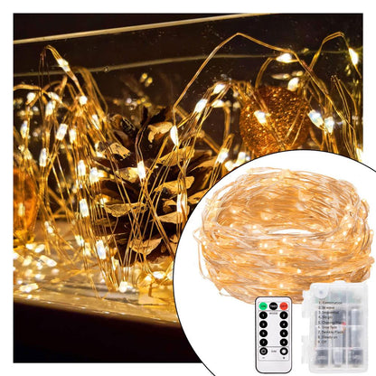 Instalatie lumina decorativa cu 100 LED-uri, 10m, alimentare baterii, telecomanda, iluminare galbena