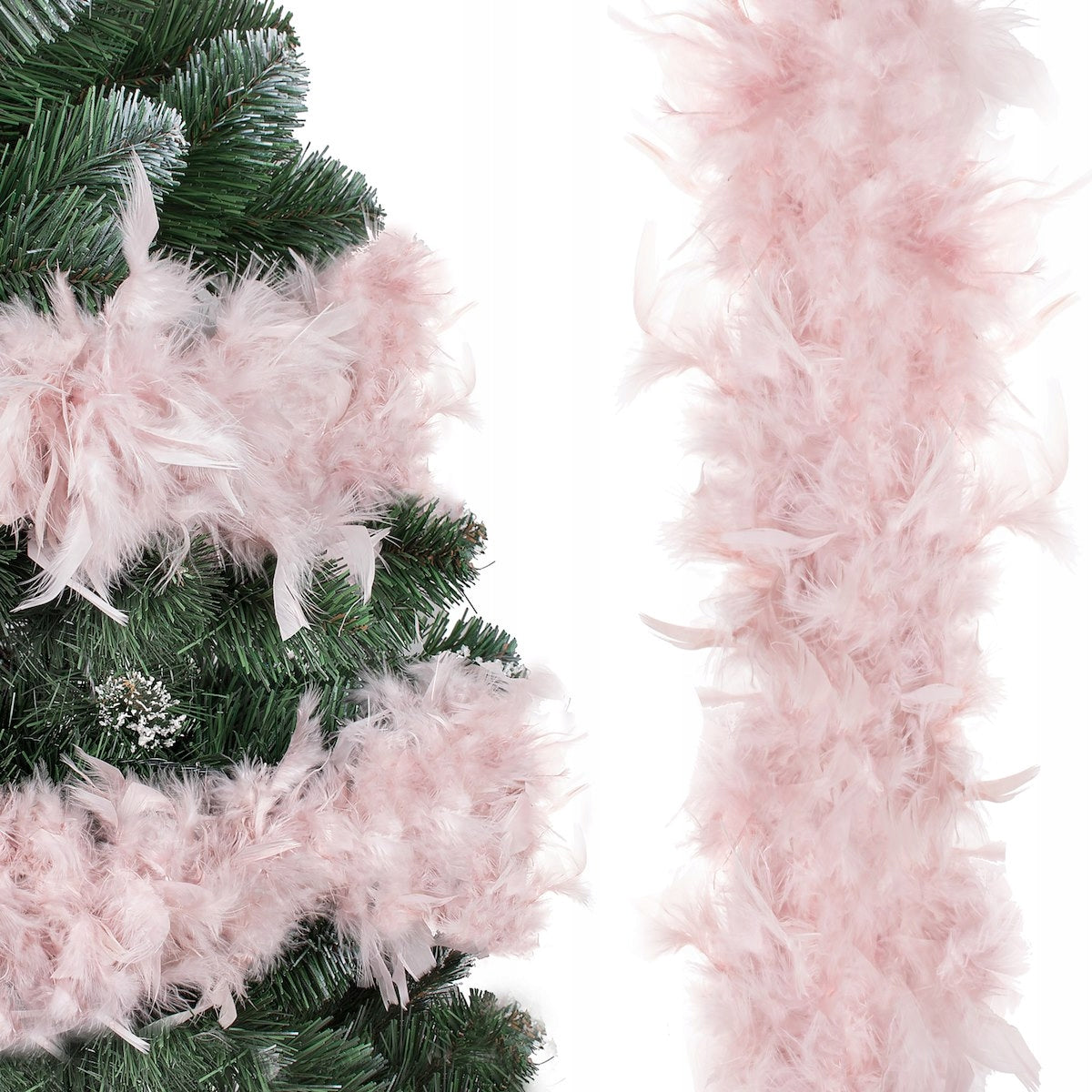 Ghirlanda pentru decor sau bradul de Craciun, model puf si pene, roz, 180cm