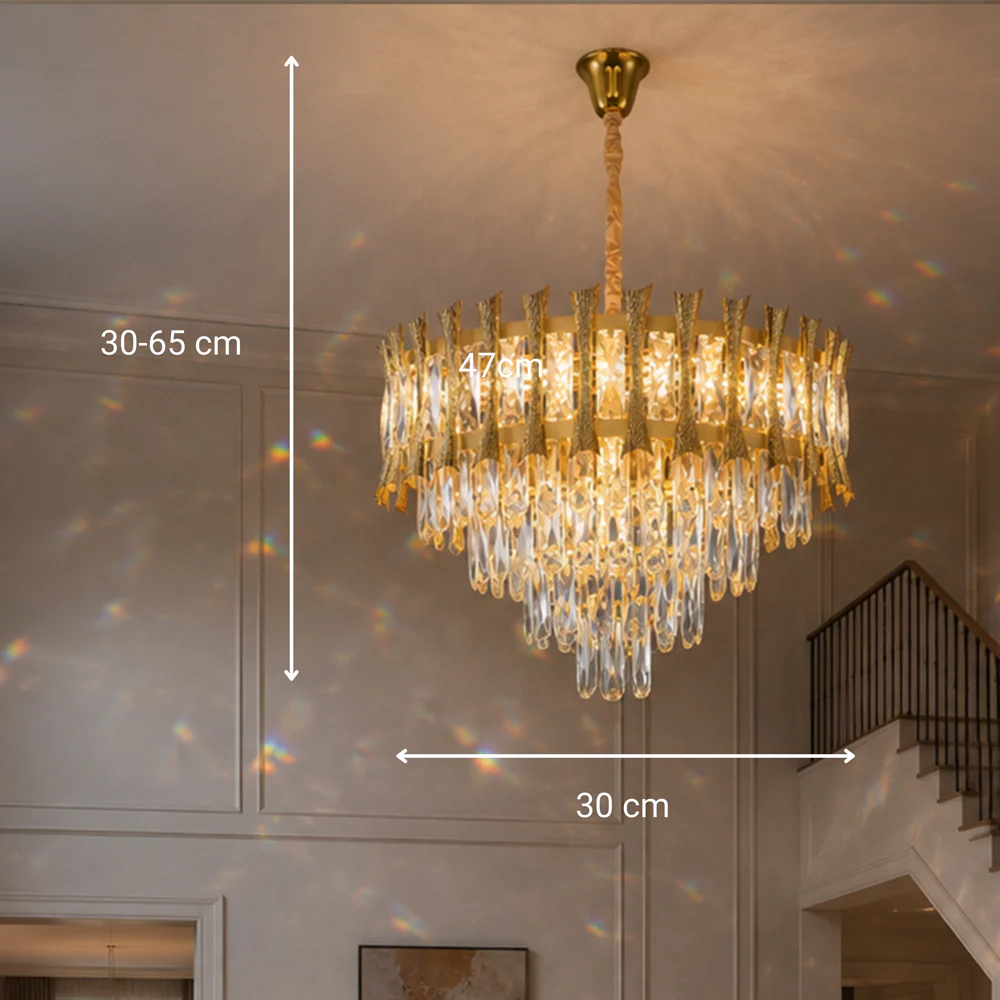 Candelabru Cristal HAMPTON Petito 3xE14, Diametru 30cm, Auriu Lucios, Inaltime Reglabila