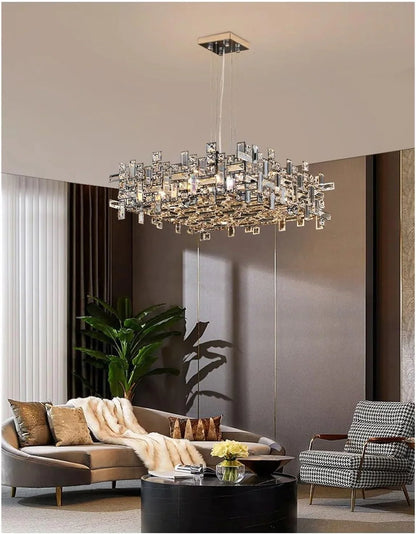 Candelabru Cristal RZ-2/500x500GD , 10xE14, Diametru 50cm, Auriu Lucios, Inaltime Reglabila, Design Elegant