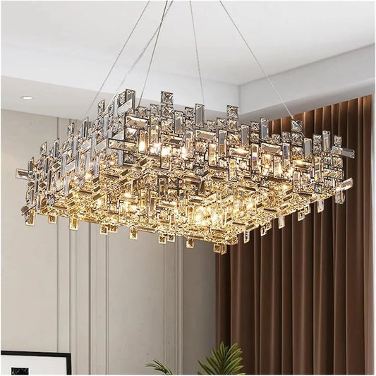 Candelabru Cristal RZ-2/500x500GD , 10xE14, Diametru 50cm, Auriu Lucios, Inaltime Reglabila, Design Elegant
