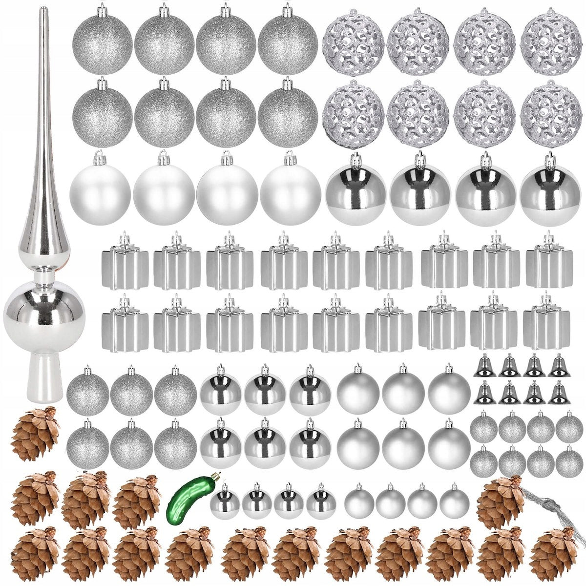 Set globuri si decoratiuni de Craciun, 102 piese, diverse dimensiuni, argintiu