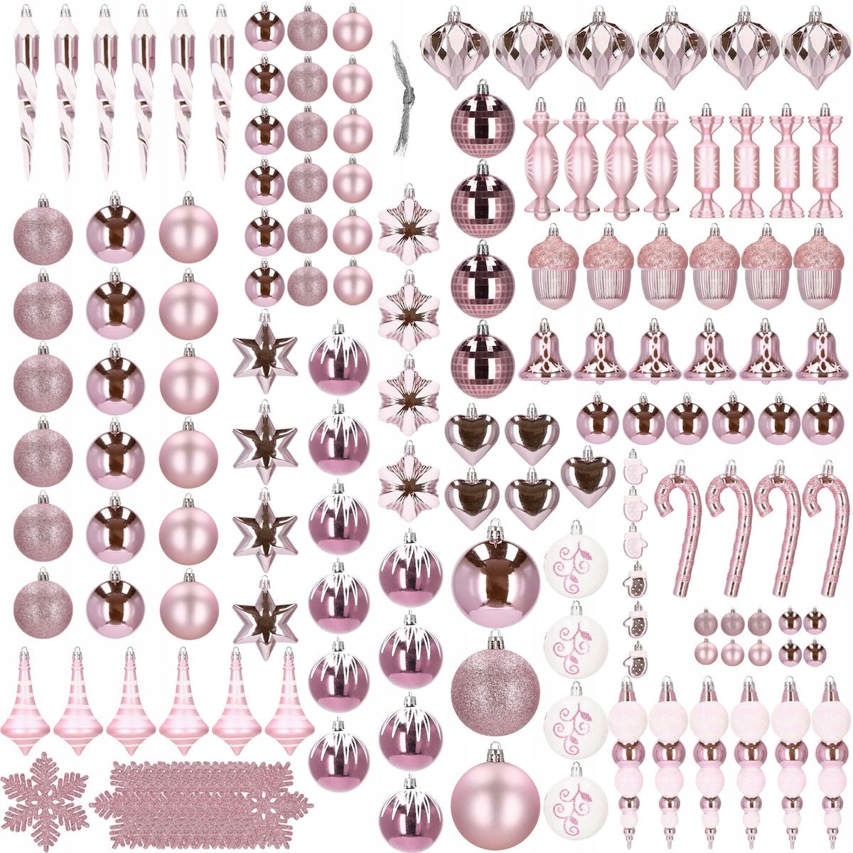 Set globuri si decoratiuni de Craciun, 155 piese, diverse dimensiuni, roz