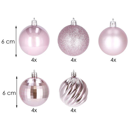 Set globuri de Craciun, 20 bucati, 5 modele, 6cm, roz