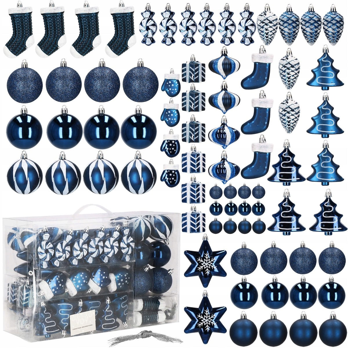 Set globuri si decoratiuni de Craciun, 77 piese, diverse dimensiuni, albastru inchis