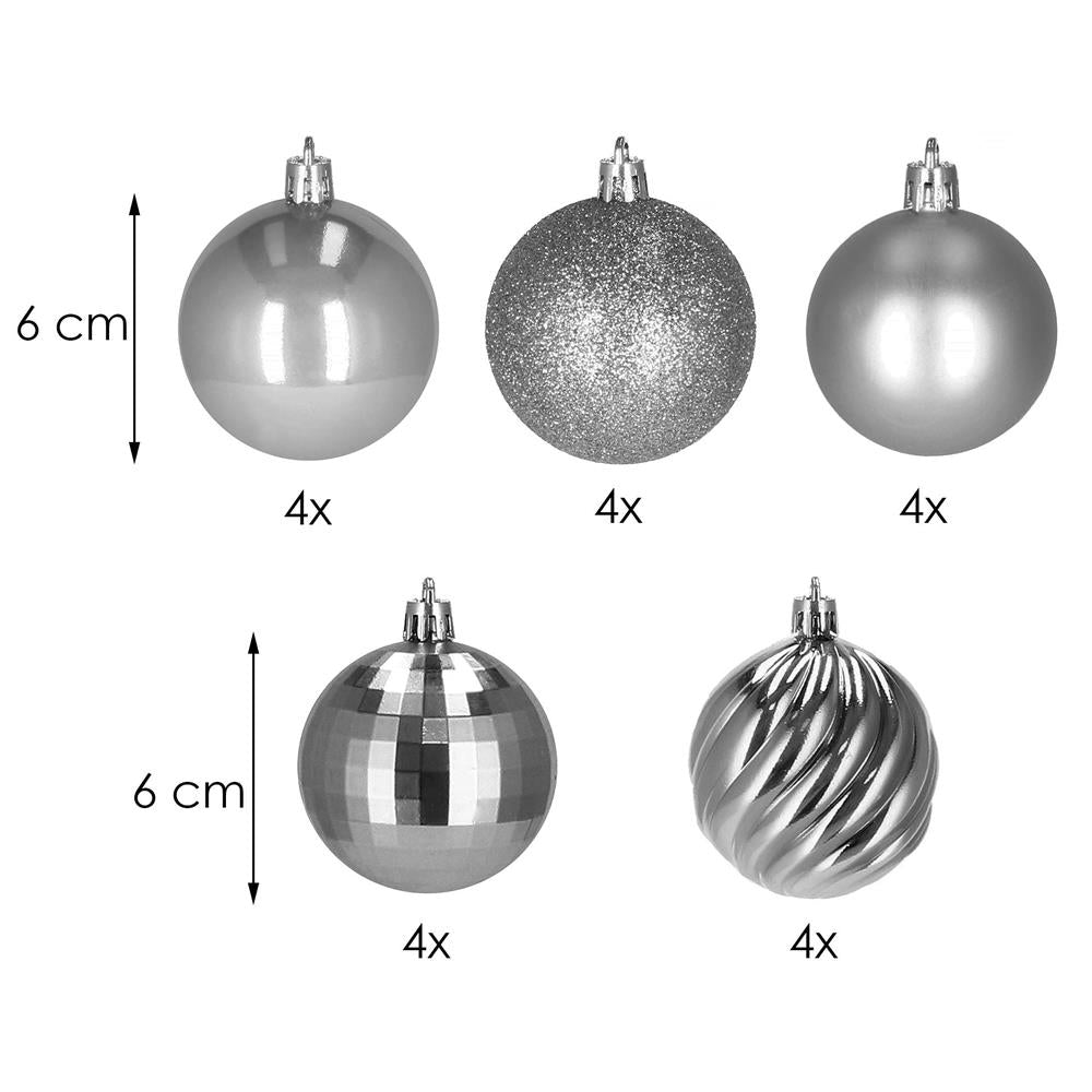 Set globuri de Craciun, 20 bucati, 5 modele, 6cm, argintiu