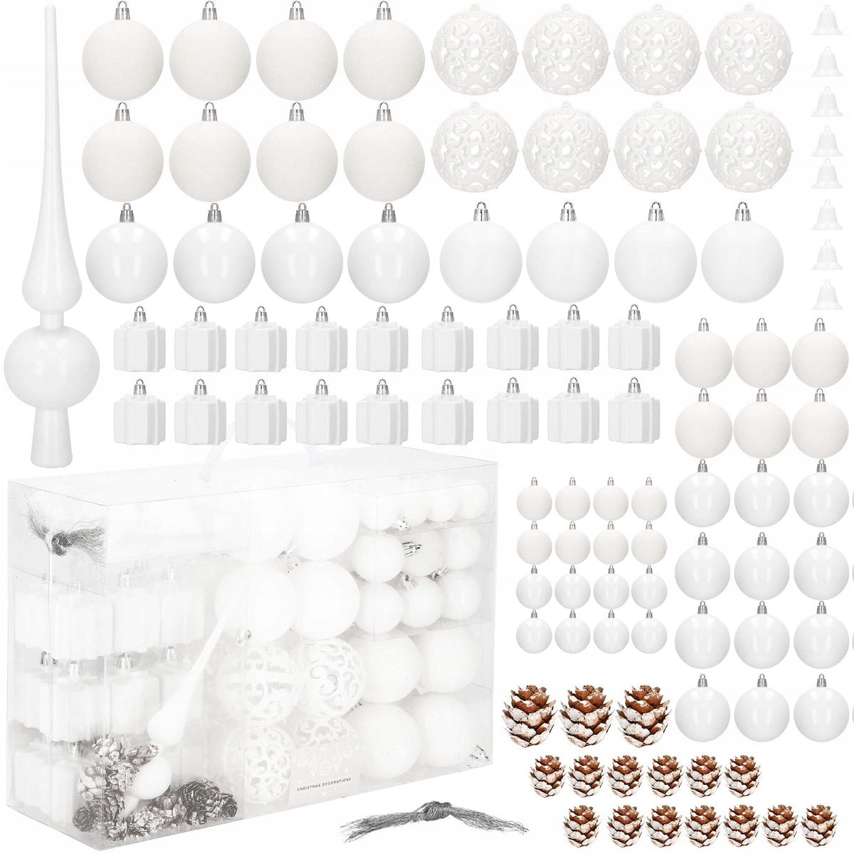 Set globuri si decoratiuni de Craciun, 101 piese, diverse dimensiuni, alb