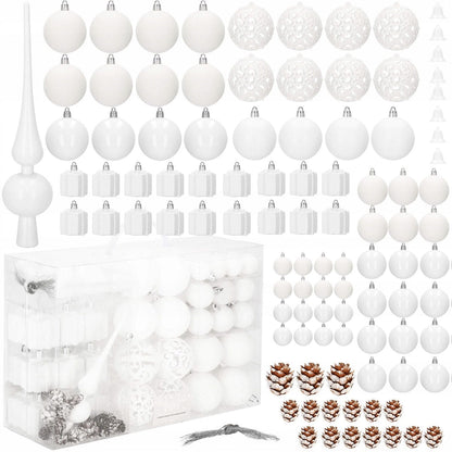Set globuri si decoratiuni de Craciun, 101 piese, diverse dimensiuni, alb
