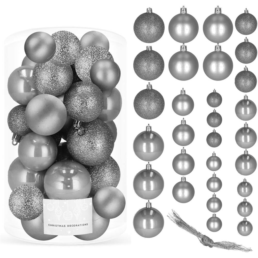 Set globuri de Craciun, 30 bucati, 3 modele, 4/5/6cm, gri argintiu