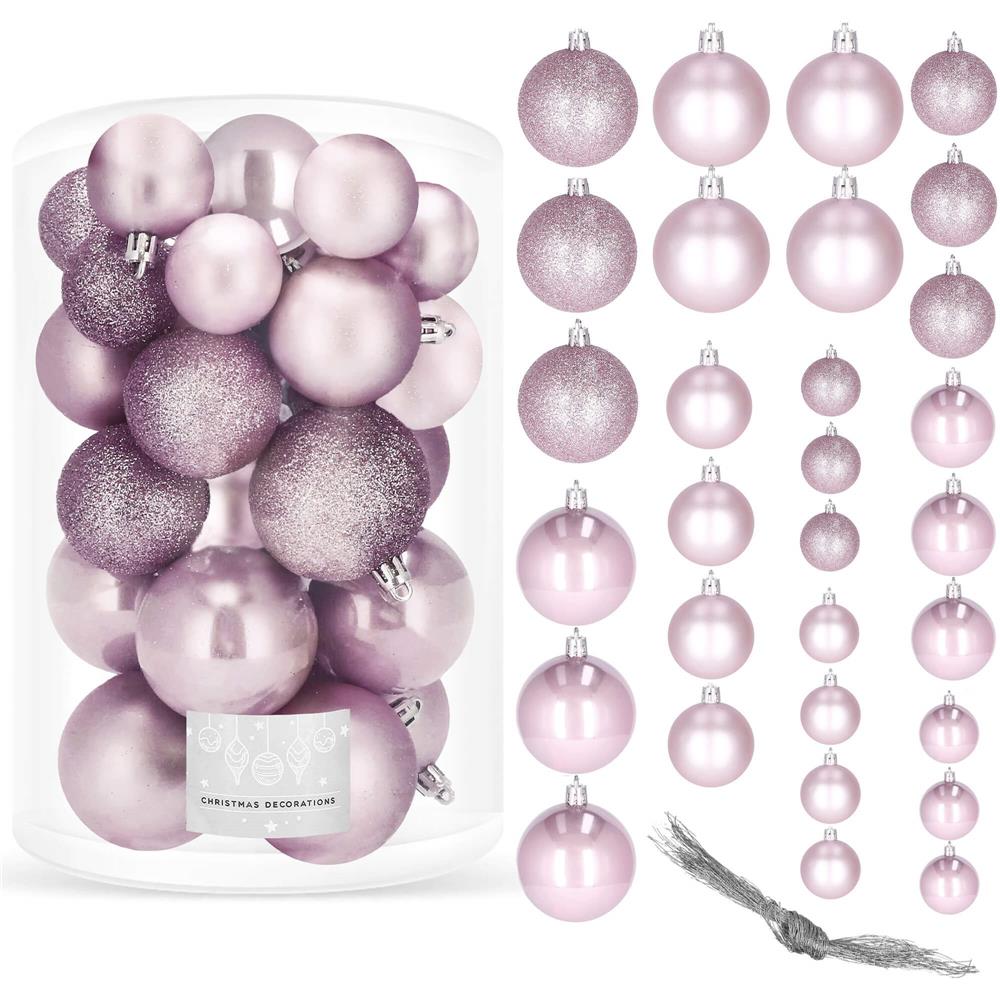 Set globuri de Craciun, 30 bucati, 3 modele, 4/5/6cm, roz