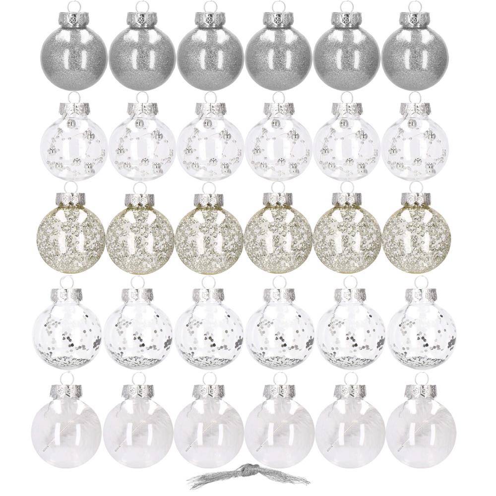 Set globuri de Craciun Inedit, 30 bucati, 6cm, transparente si argintiu