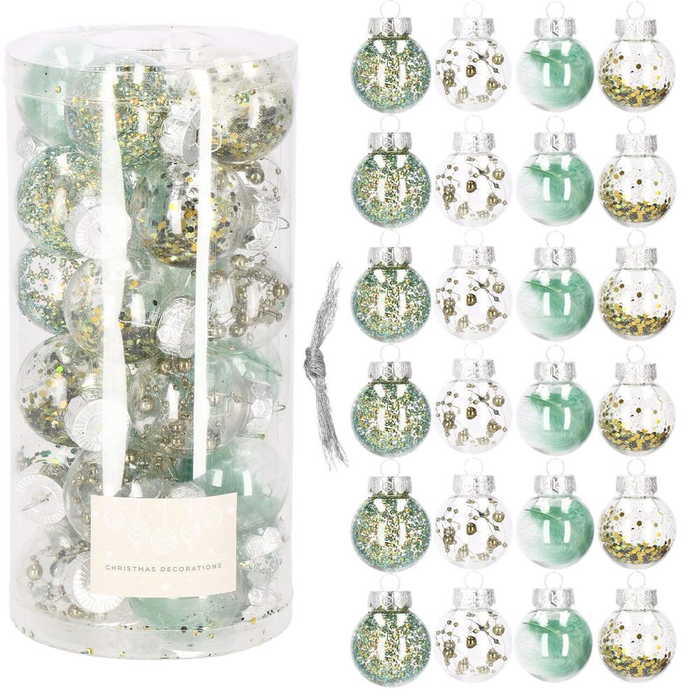Set globuri de Craciun Inedit, 24 bucati, 5cm, transparente si verde