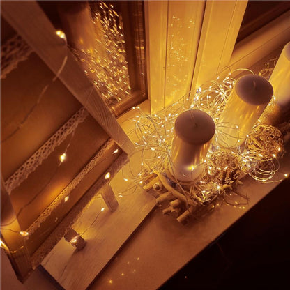 Instalatie lumina decorativa cu 100 LED-uri, 10m, alimentare baterii, telecomanda, iluminare galbena